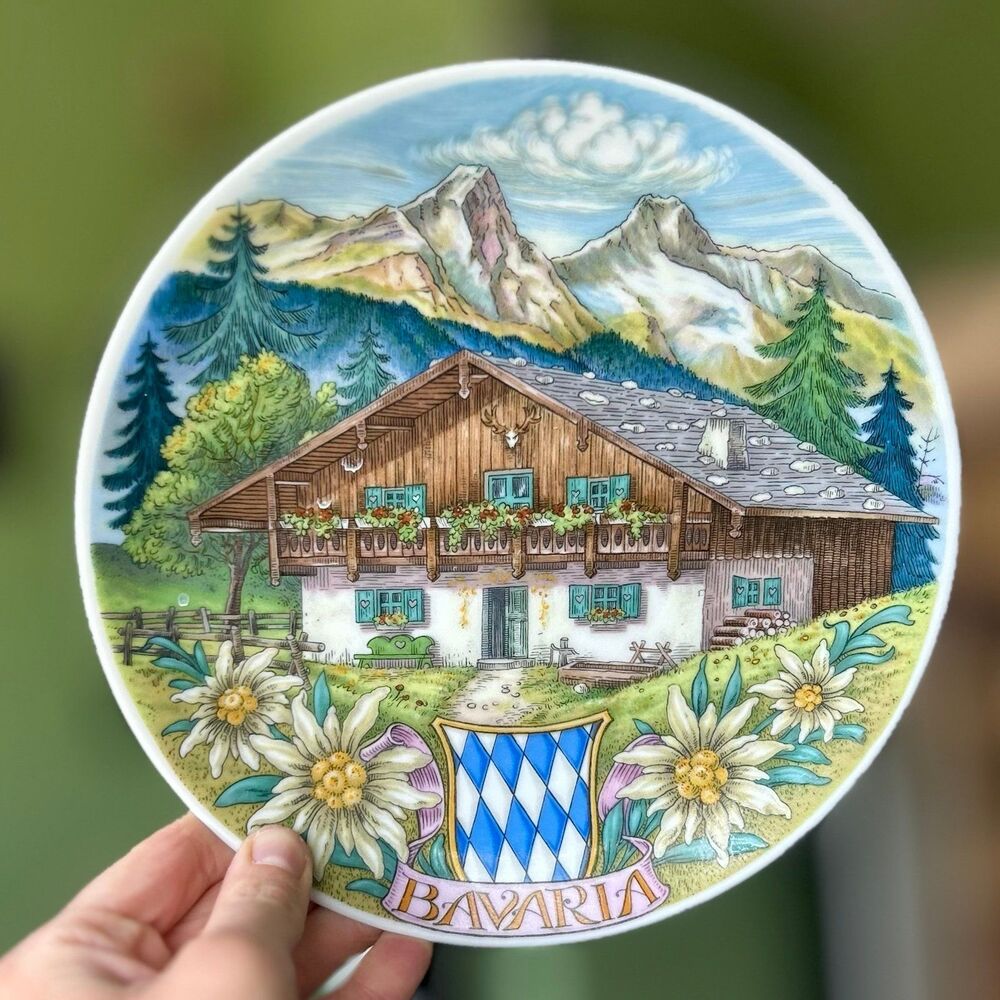 Vibrant VTG Mountain Cabin Nature Bavaria Still Life Scenery Porcelain Plate